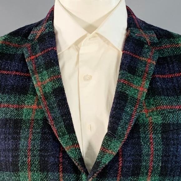 BLACK FLEECE Size 42 Regular Green Blue Red Plaid Wool Notch Lapel Sport Coat - Picture 2 of 9